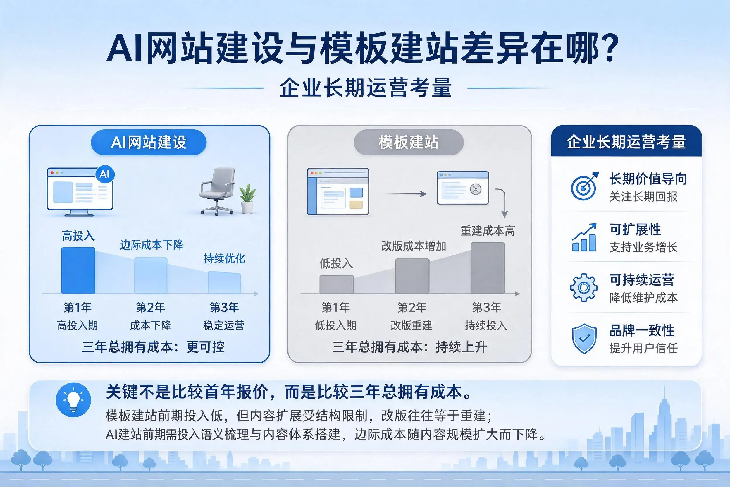AI网站建设与模板建站差异在哪?三沙企业长期运营考量