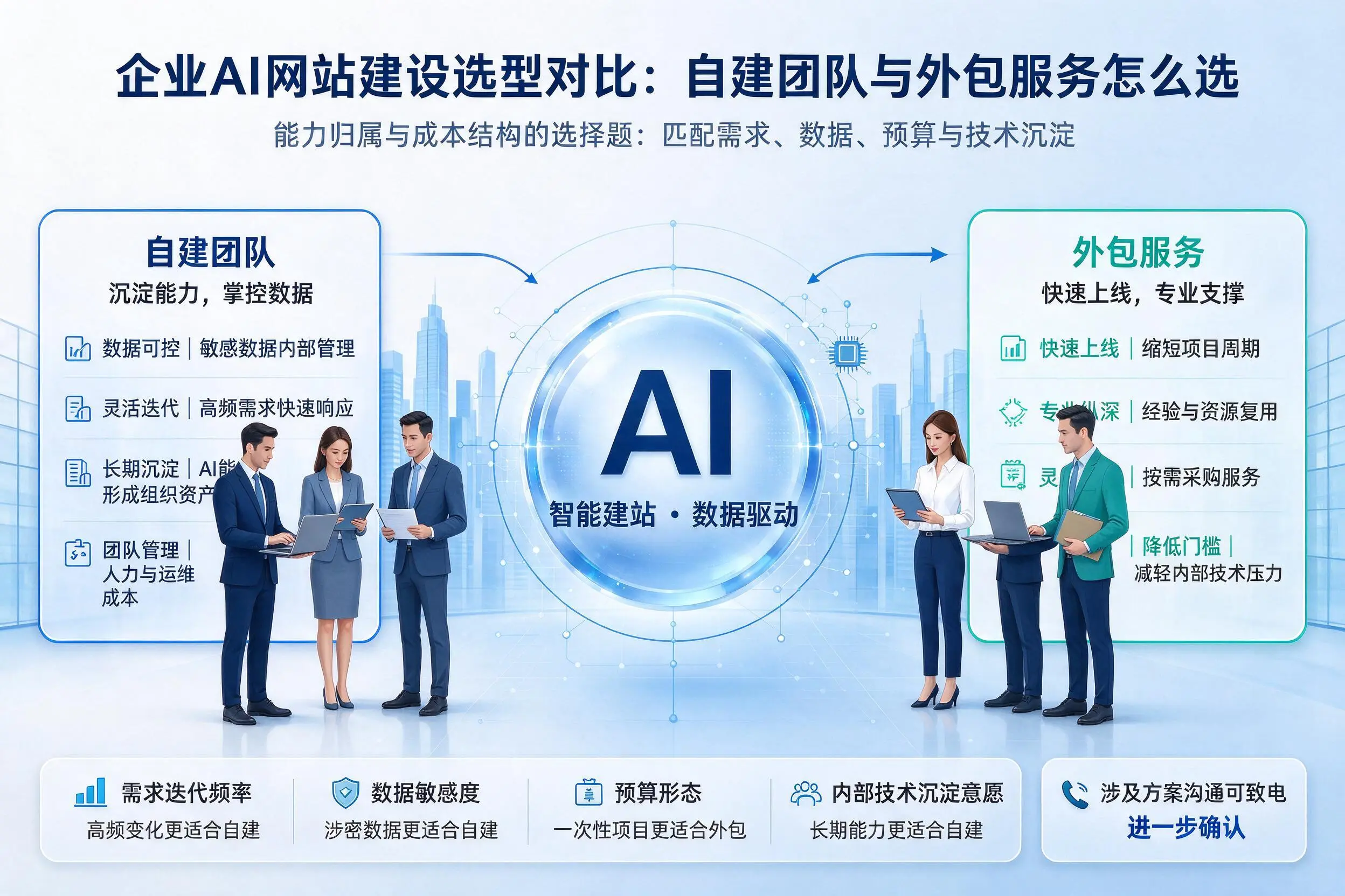 三沙企业AI网站建设选型对比:自建团队与外包服务怎么选